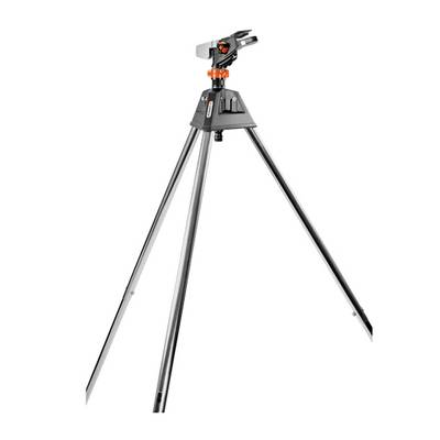 Silver tripod with three extendable legs and an adjustable head mount, suitable for cameras or binoculars.