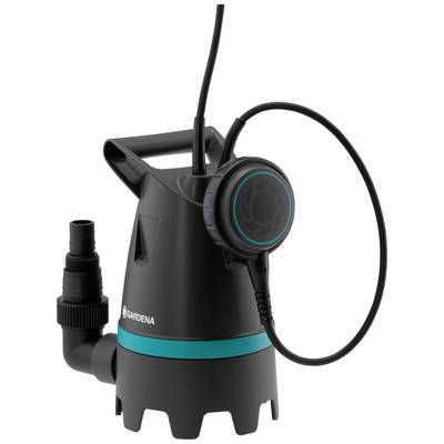 Water pump with a black casing and blue stripe, Gardena logo visible. Suitable for pumping water in garden areas.
