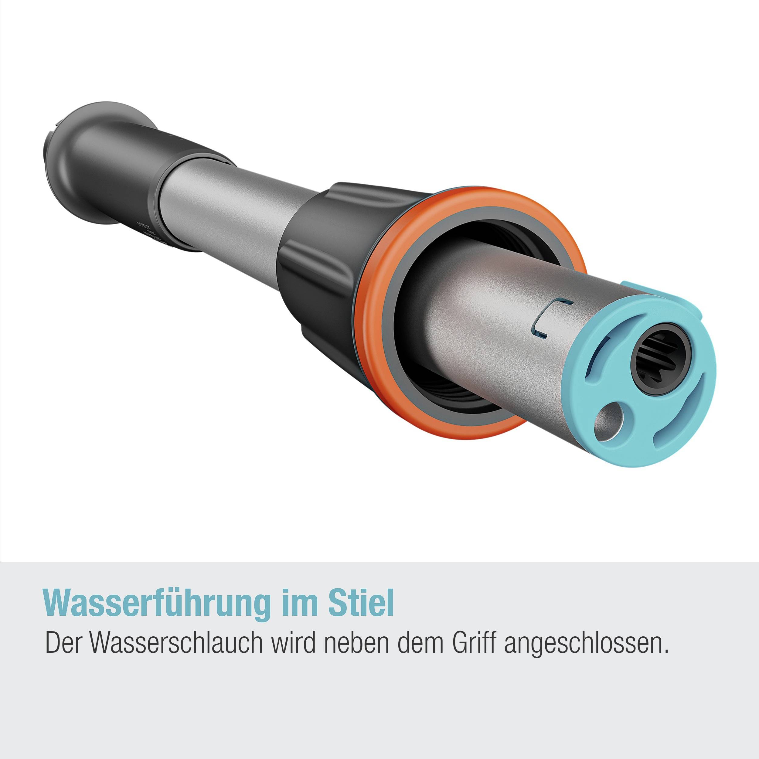 A water-conducting stick with an orange-blue connection and handle. Text underneath: 'Water guidance in the handle' describes the connection.