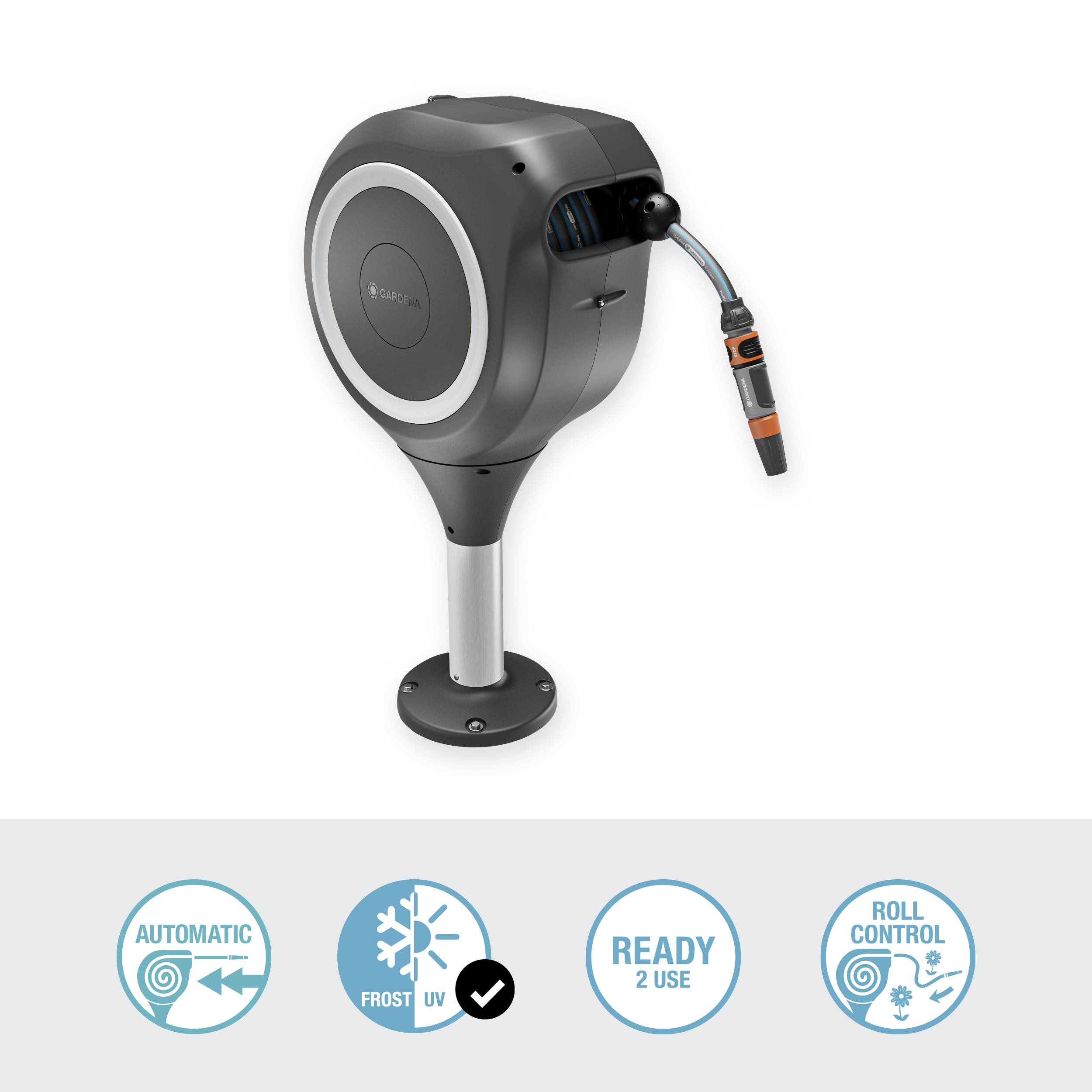 An automatic, wall-mounted hose reel with frost protection and UV protection, illustrated above pictograms showing its key functions.