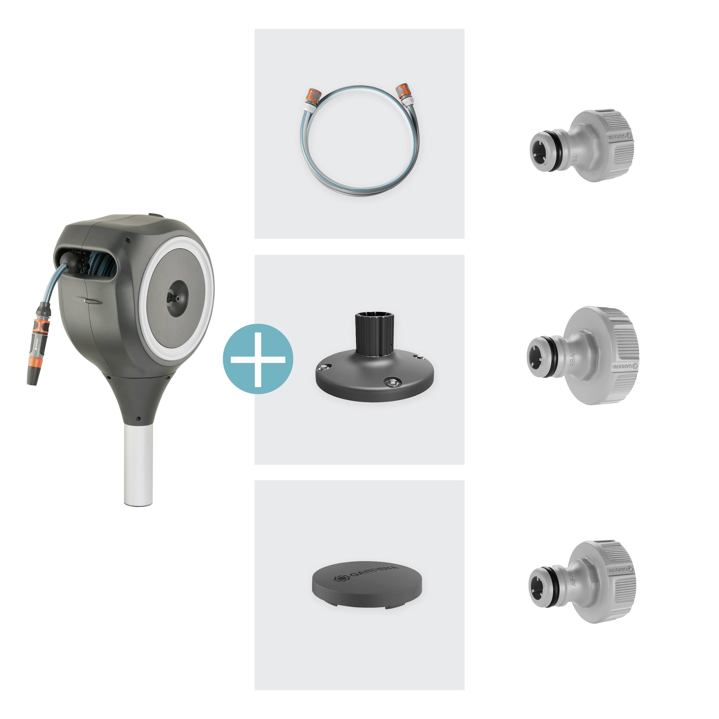 A watering system set with wall mounting bracket, hose, connecting parts and accessories. Ideal for garden irrigation.