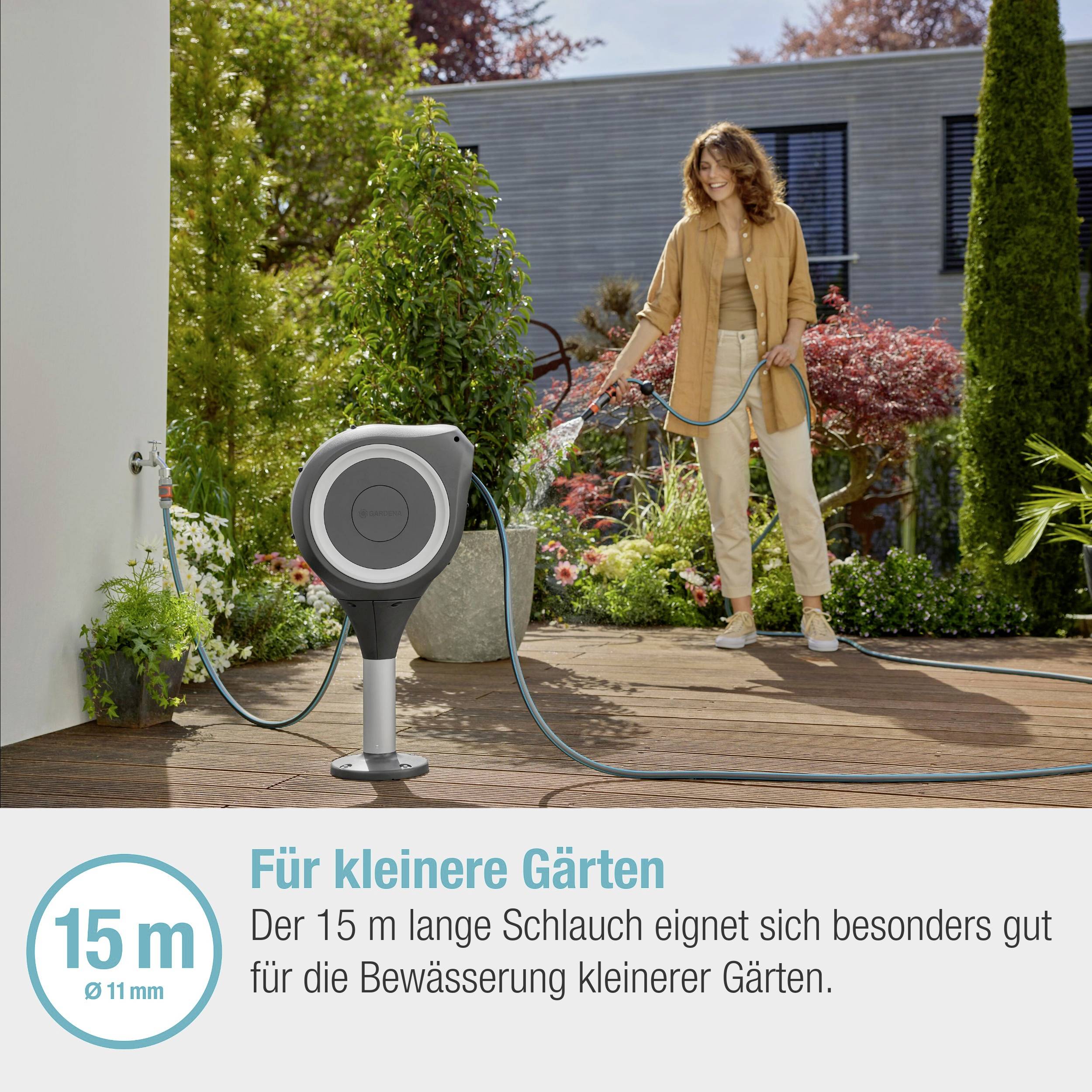 A woman waters a small, green garden using a retractable hose. Text reads: 'For watering smaller gardens.'
