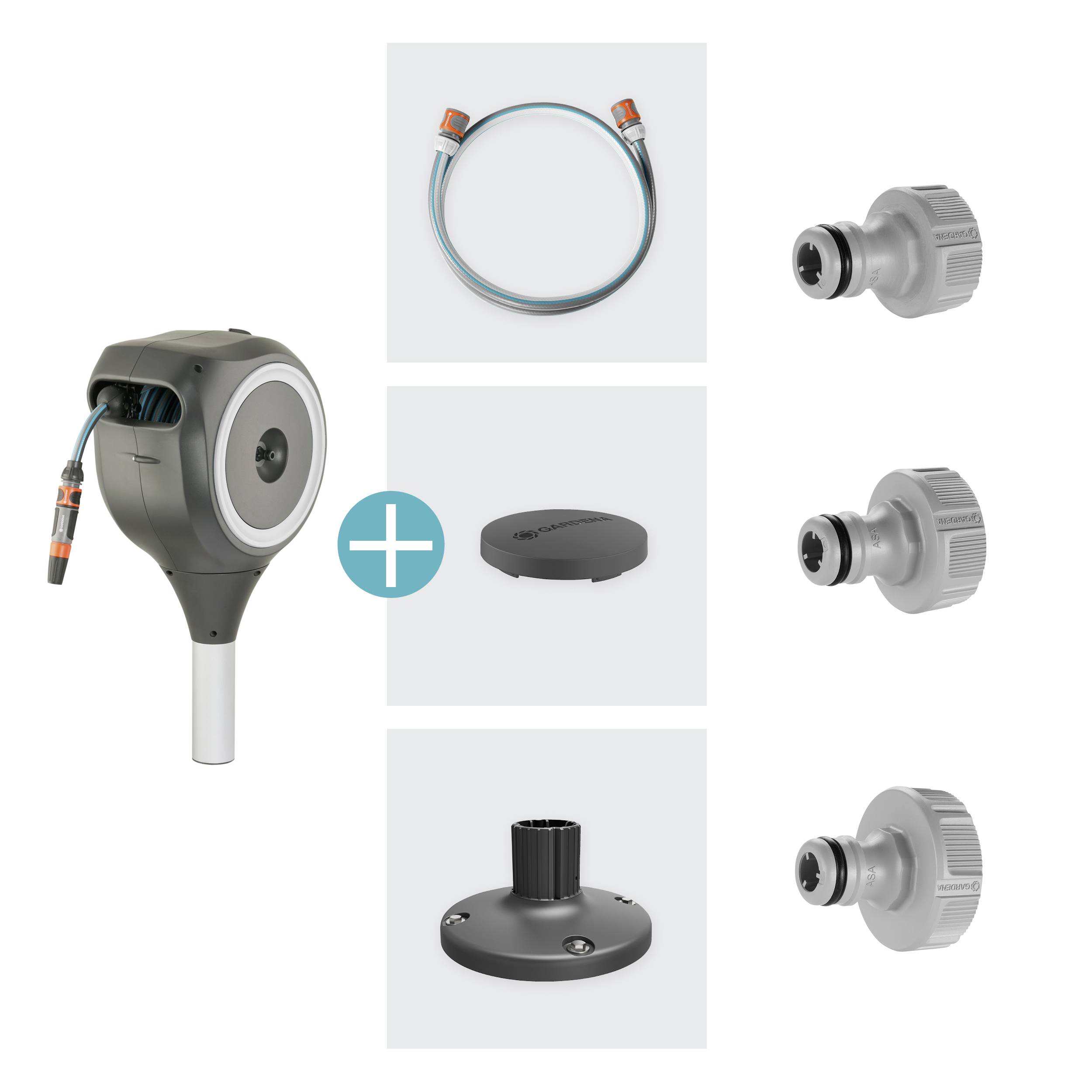 'Water tap column with accessories, including hose, cover, and adapter, for efficient garden irrigation.'