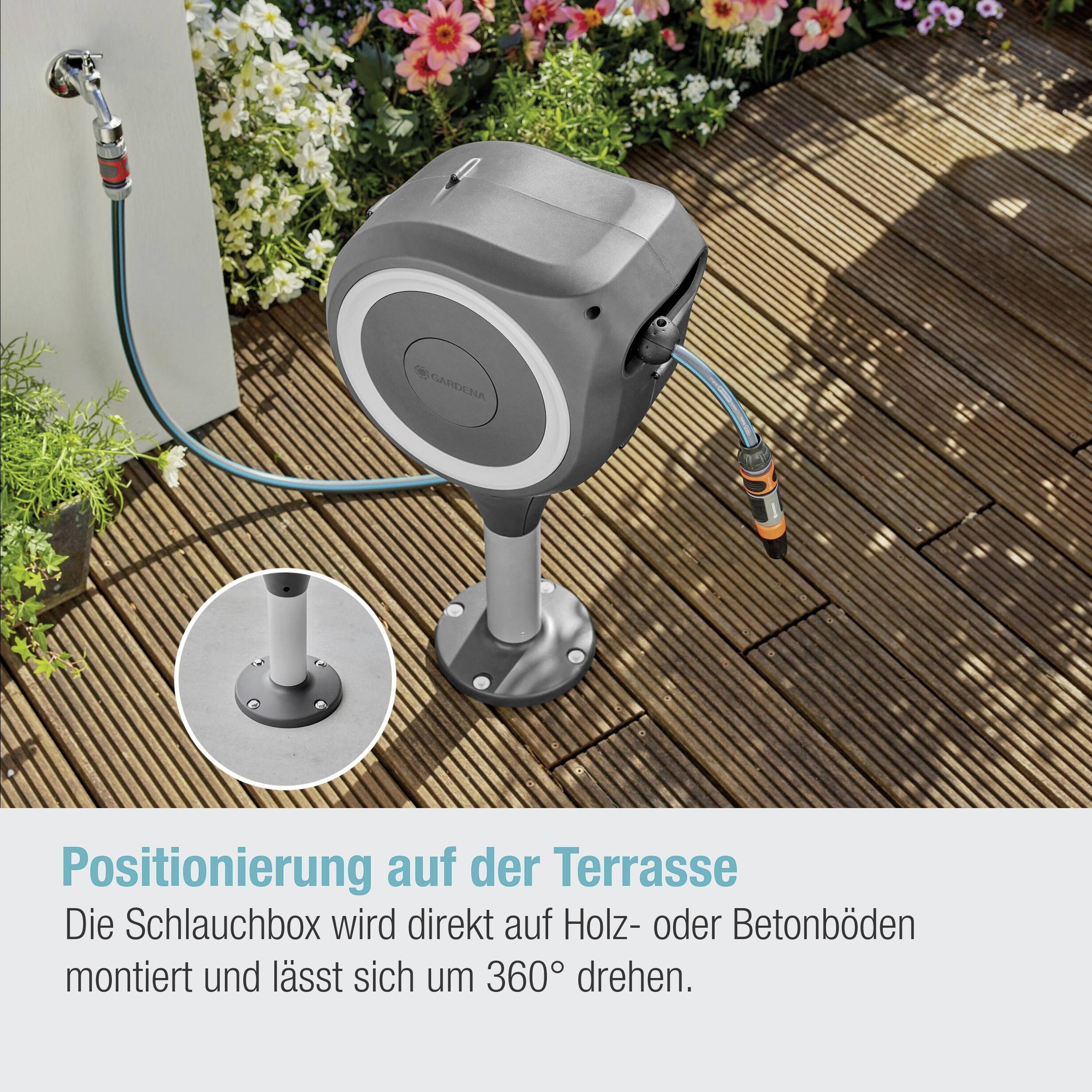 Hose box mounted on terrace, enables 360-degree rotation. Text: 'Positioning on the terrace'. Wooden or concrete floor.
