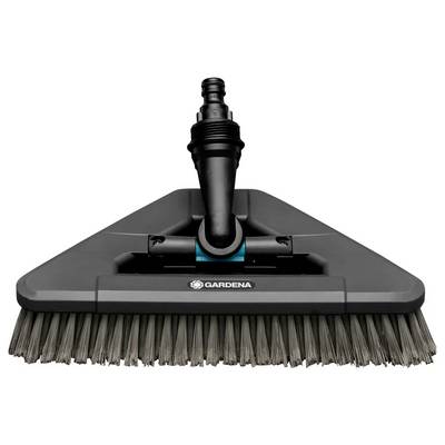 A triangular Gardena cleaning brush with grey bristles, suitable for ground cleaning in the garden.