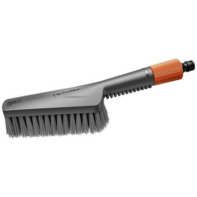 A grey brush with an orange handle and water connection. Suitable for cleaning surfaces. Brand: 'Gardena'.