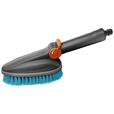 Image of a grey cleaning brush with a blue bristle head and an orange rotating handle. Suitable for gardening and cleaning.