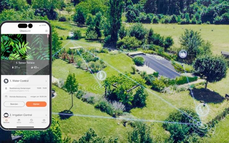A smartphone screen shows a garden management app for irrigation and sensor control. In the background, a green garden with marked sensor areas.