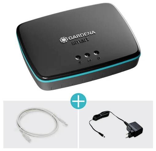 Smart device labeled 'GARDENA smart' with three indicator lights, shown with an Ethernet cable and power adapter, suggesting connectivity.