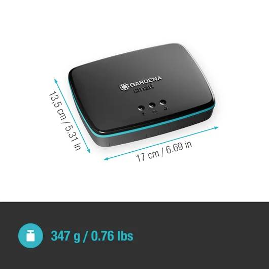 'Gardena smart gateway' shown with dimensions: 13.5 cm (5.31 in) by 17 cm (6.69 in). Weight: 347 g (0.76 lbs). Black rectangle device.