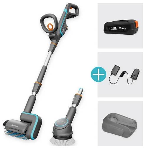 Cordless electric cleaning brush set with interchangeable heads, a rechargeable battery, charging cable, and a storage dock.