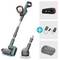 Cordless electric cleaning brush set with interchangeable heads, a rechargeable battery, charging cable, and a storage dock.