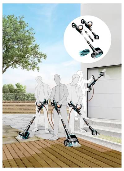 People using power cleaning tools on different surfaces outdoors; includes a close-up of interchangeable brush attachments.