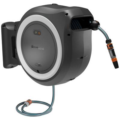 Automatic Garden Hose Reel in Black with Integrated Hose Winding System. Hose Nozzle is Orange-Black.