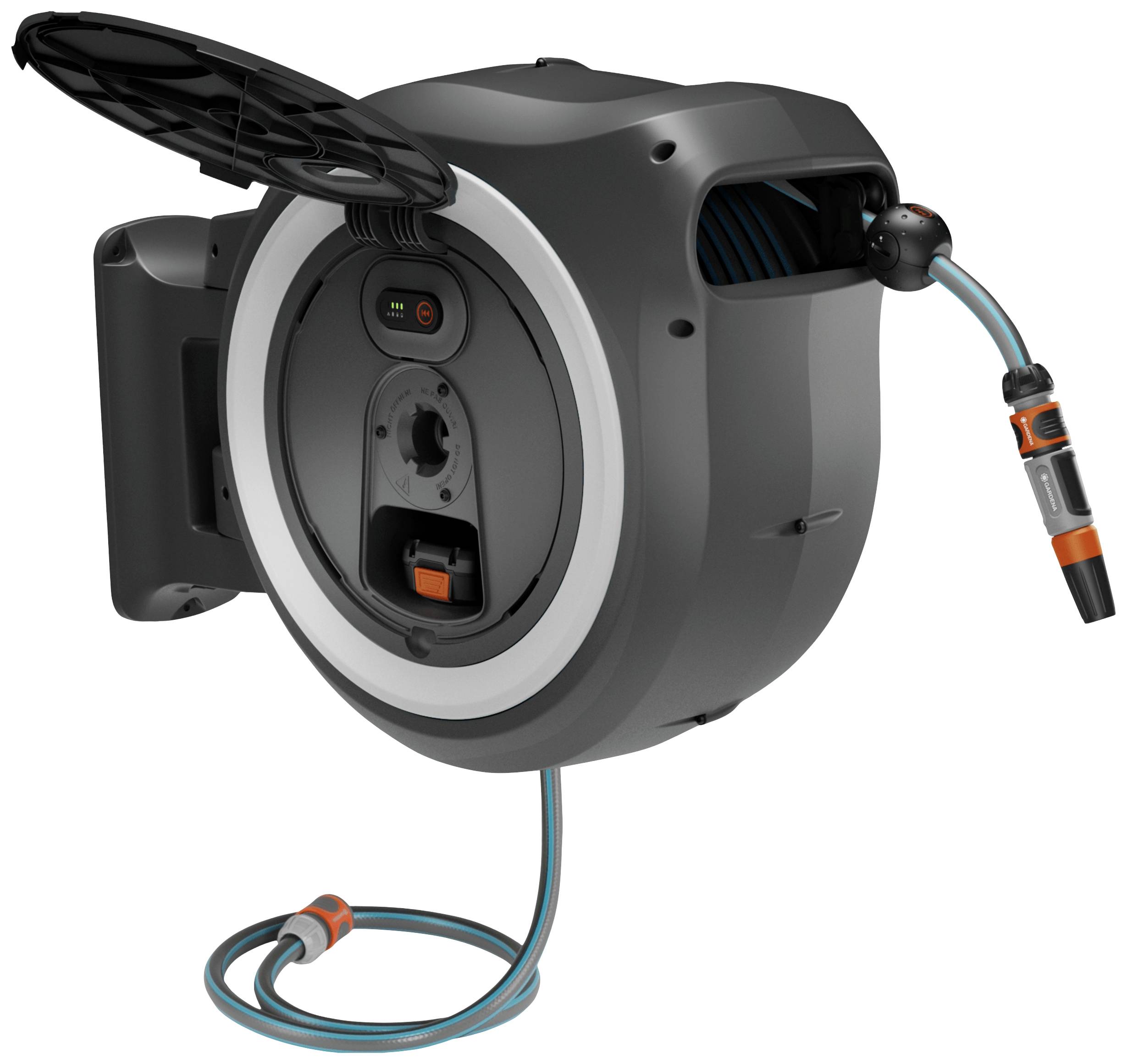 Garden hose reel with automatic retraction and pivoting wall mount. Hose is partially unrolled and ready for use.