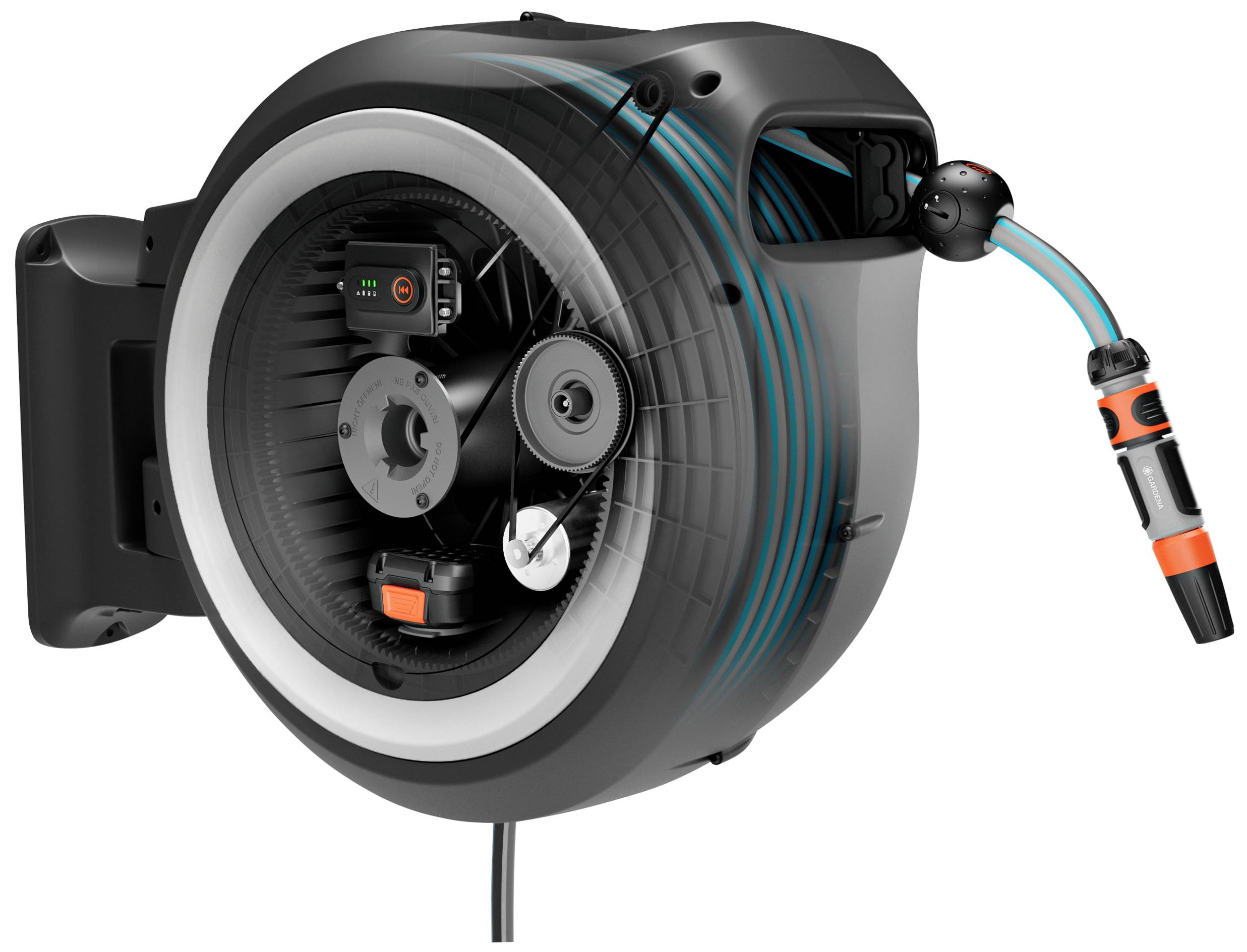 Automatic garden hose reel with infinitely variable hose stop, black casing, blue hose; wall-mounted.