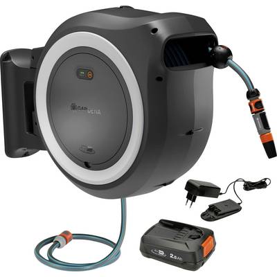 Automated hose reel with retractable water hose, charging dock, battery, and adapter. Includes power button and LED indicators.