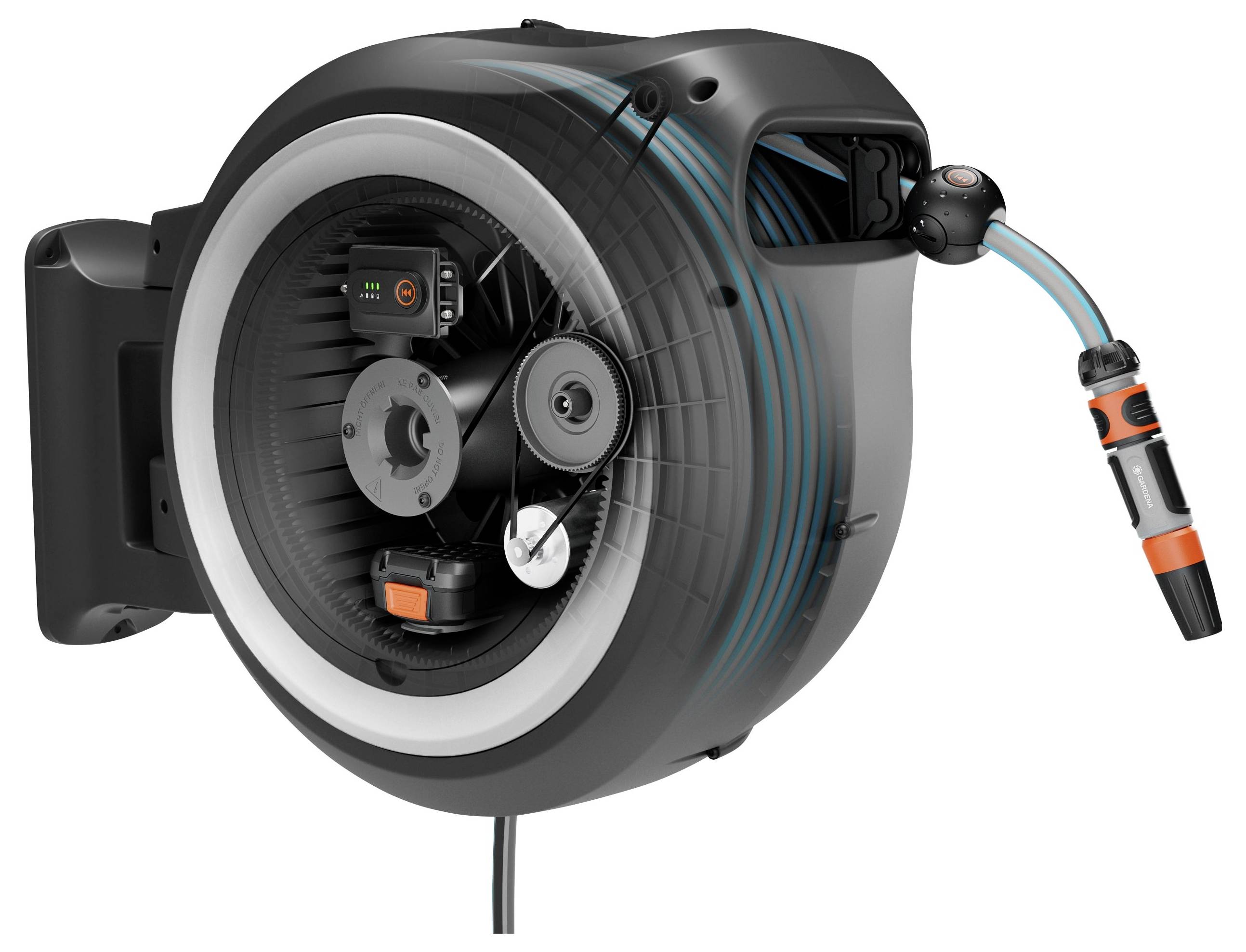 A wall-mounted automatic garden hose reel with a retractable hose and nozzle, featuring compact design and user-friendly operation.