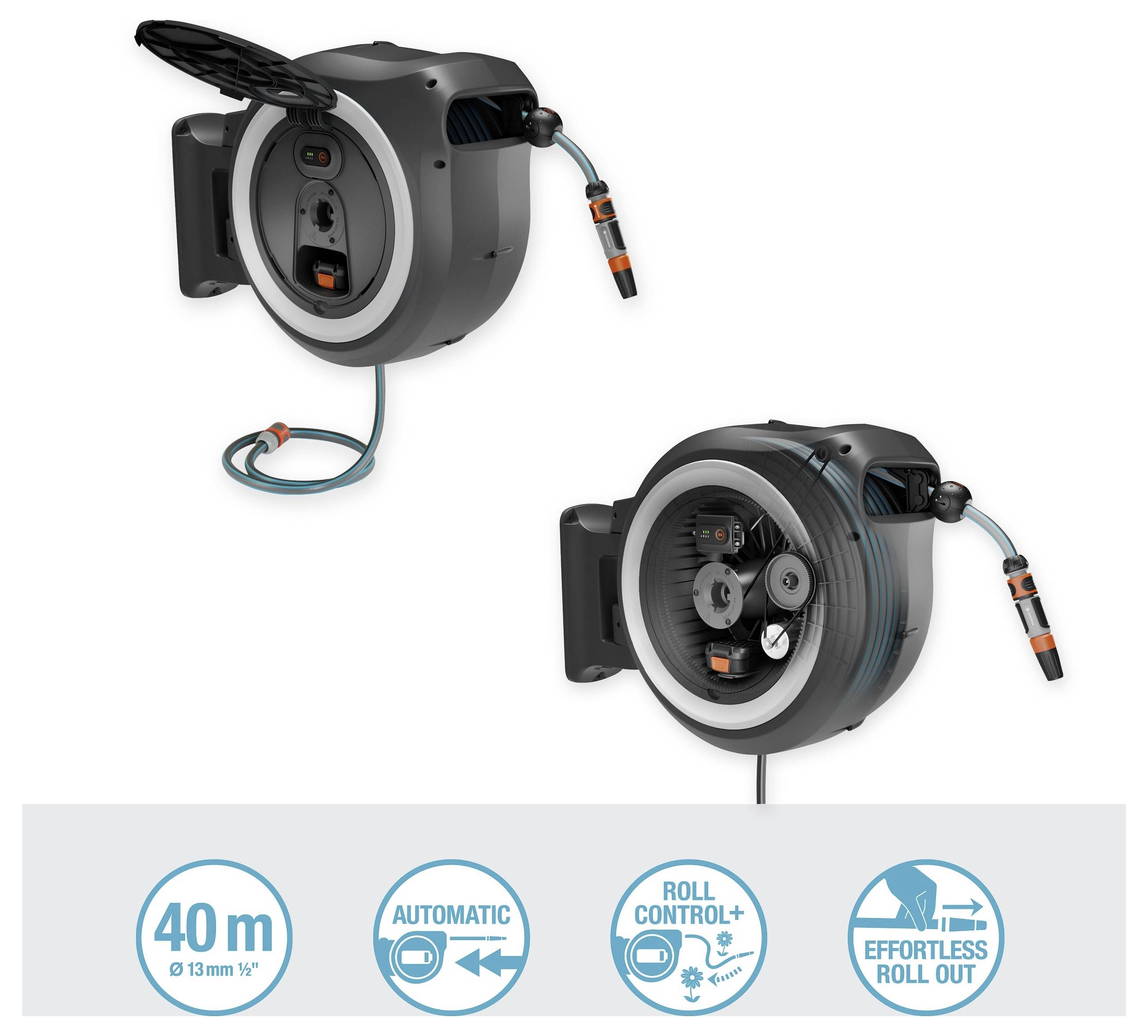 'Two hose reels with automatic winding and roll control features displayed. Icons indicate 40m length, automatic operation, and effortless rollout.'