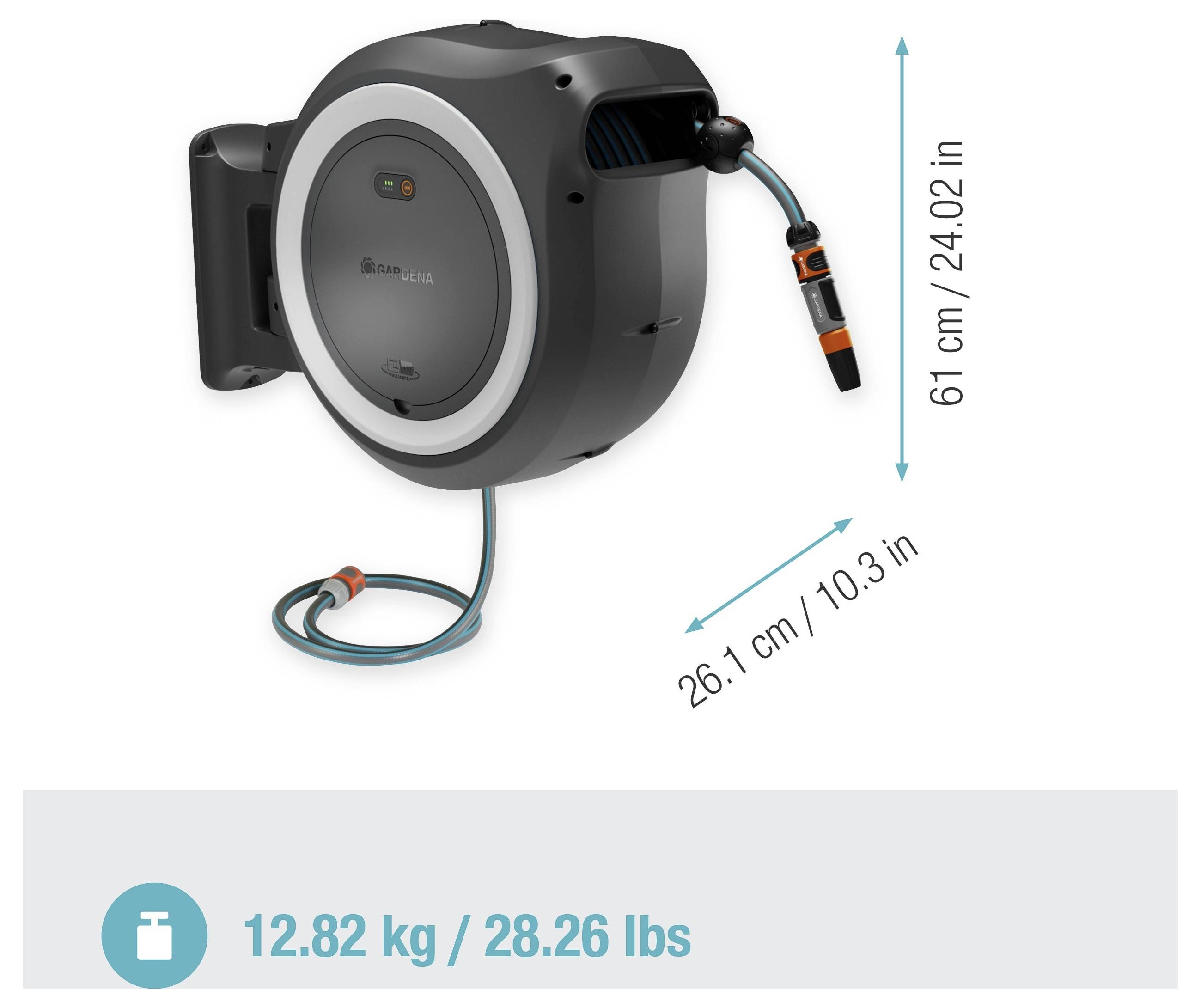 A gray automatic garden hose reel with dimensions showing its height as 61 cm (24.02 in) and depth as 26.1 cm (10.3 in), weighing 12.82 kg (28.26 lbs).