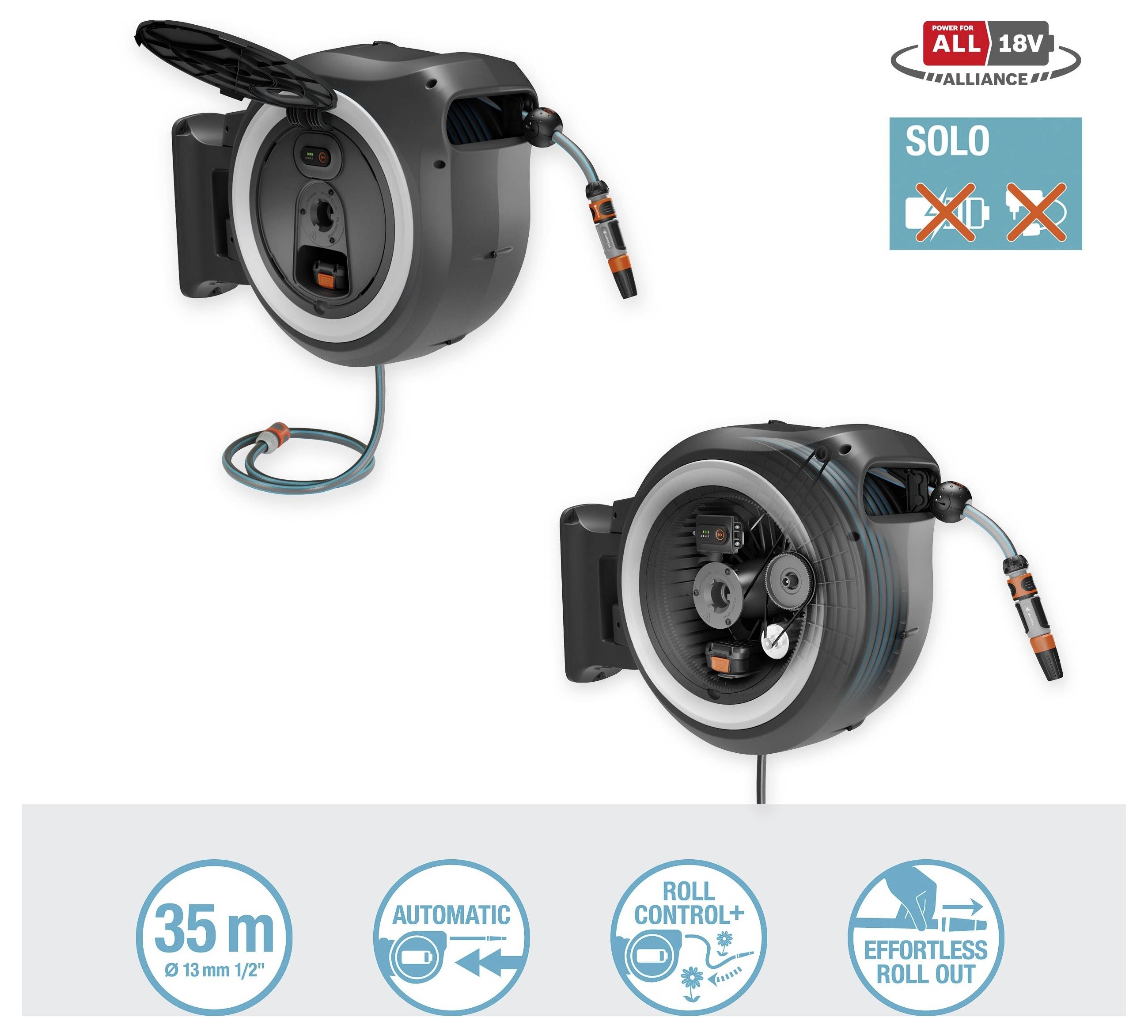 'ALLIANCE' wall-mounted hose reel system with 18V battery compatibility. Features automatic roll control and 35m reel length.