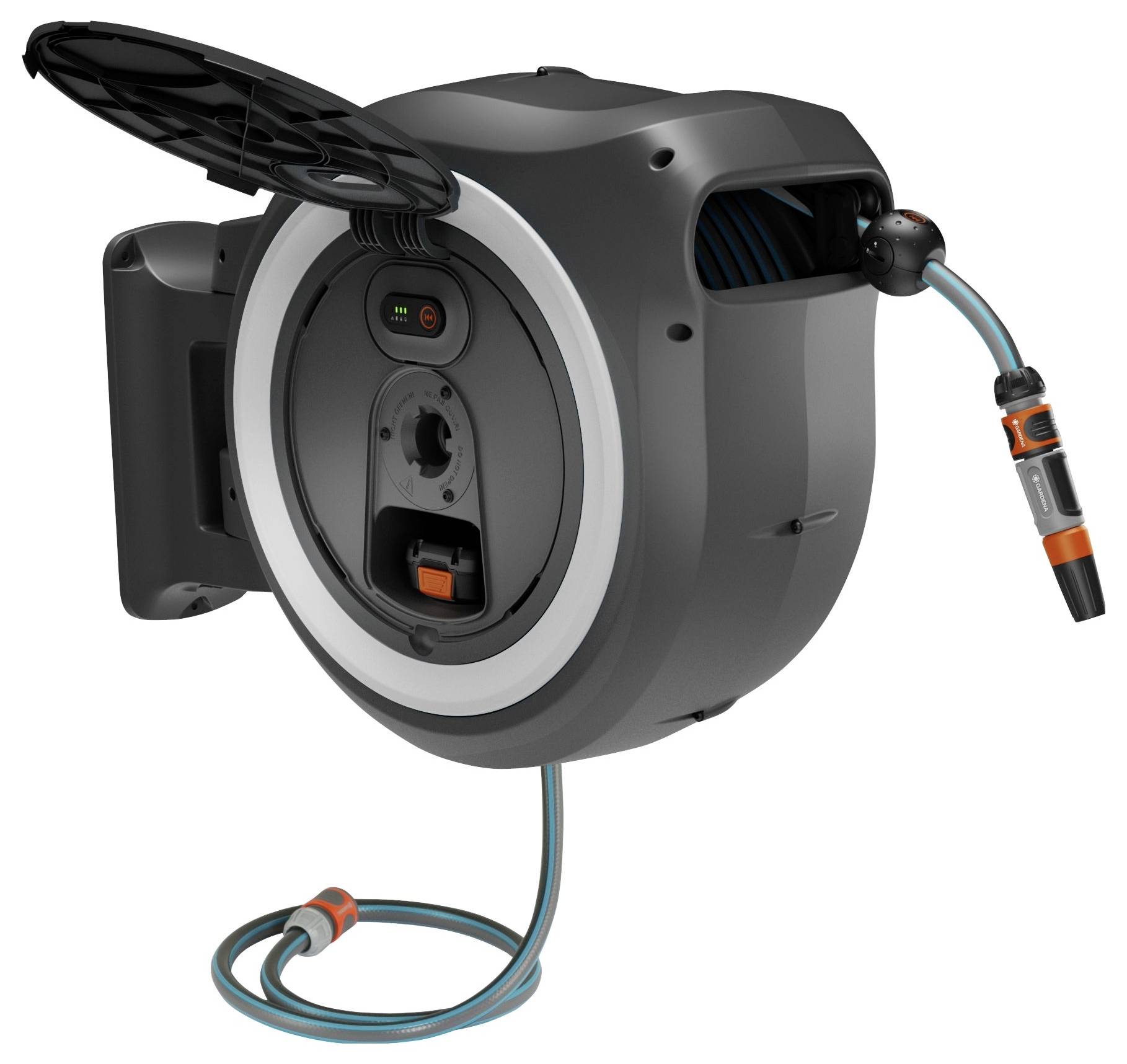 Wall-mounted retractable garden hose reel with an automatic winding function, featuring a gray casing and a partially extended hose.
