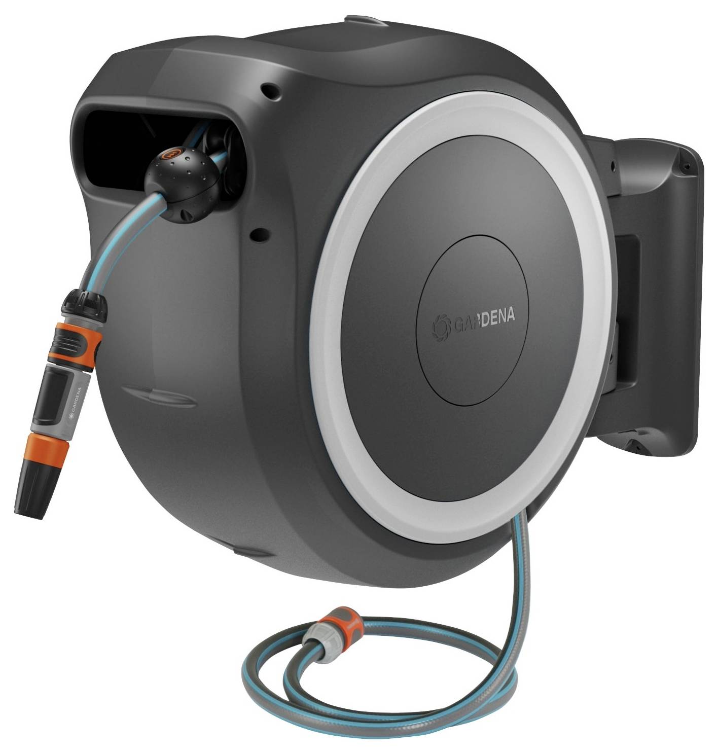 Retractable wall-mounted garden hose reel with an orange nozzle.