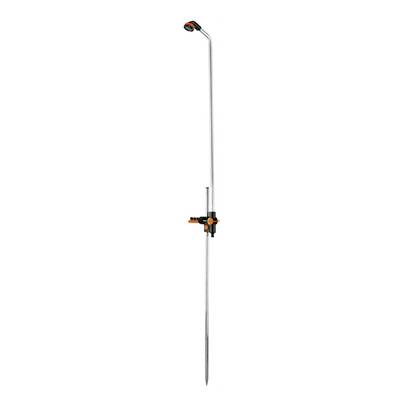Long water rod with shower head and ground spike, ideal for watering tall plants. Silver rod with black and orange details.