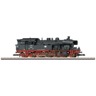 A black steam locomotive with red wheels stands on a section of track. It has a compact, robust design.