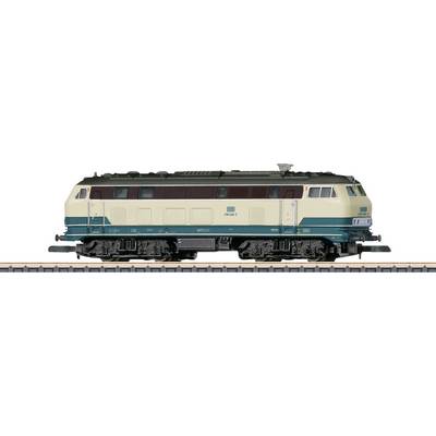 This is a model of a beige-turquoise diesel locomotive on a track, viewed from the side, with detailed structure.