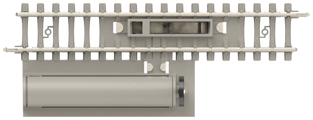 A model railway track with a points (or point) and a control box, viewed from a bird's-eye perspective.