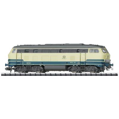 A model of a two-tone diesel locomotive with the label 'DB 218 497-7' on its sides, standing on a track.