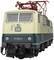 A beige and blue electric locomotive of Deutsche Bahn with the number '111 102-0', captured in a front view.