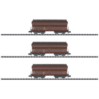 Three brown goods wagons on rails, arranged one above the other. Each wagon is from the same series and shows lateral details.