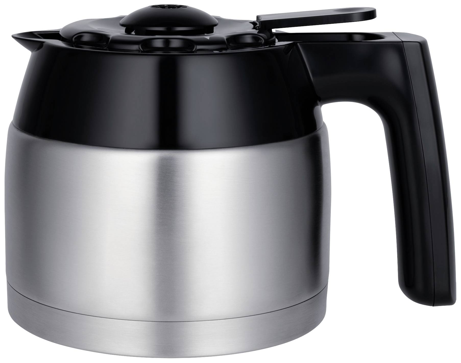 Silver and black thermal flask with handle, suitable for storing and pouring hot beverages.