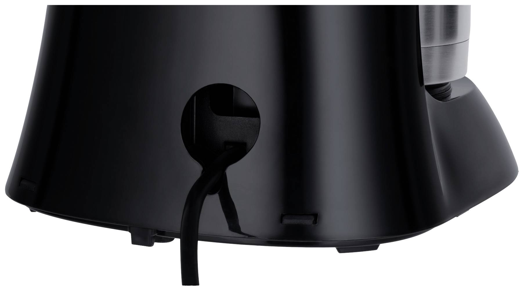 A black electrical device with a cable emerging from an opening at its underside.
