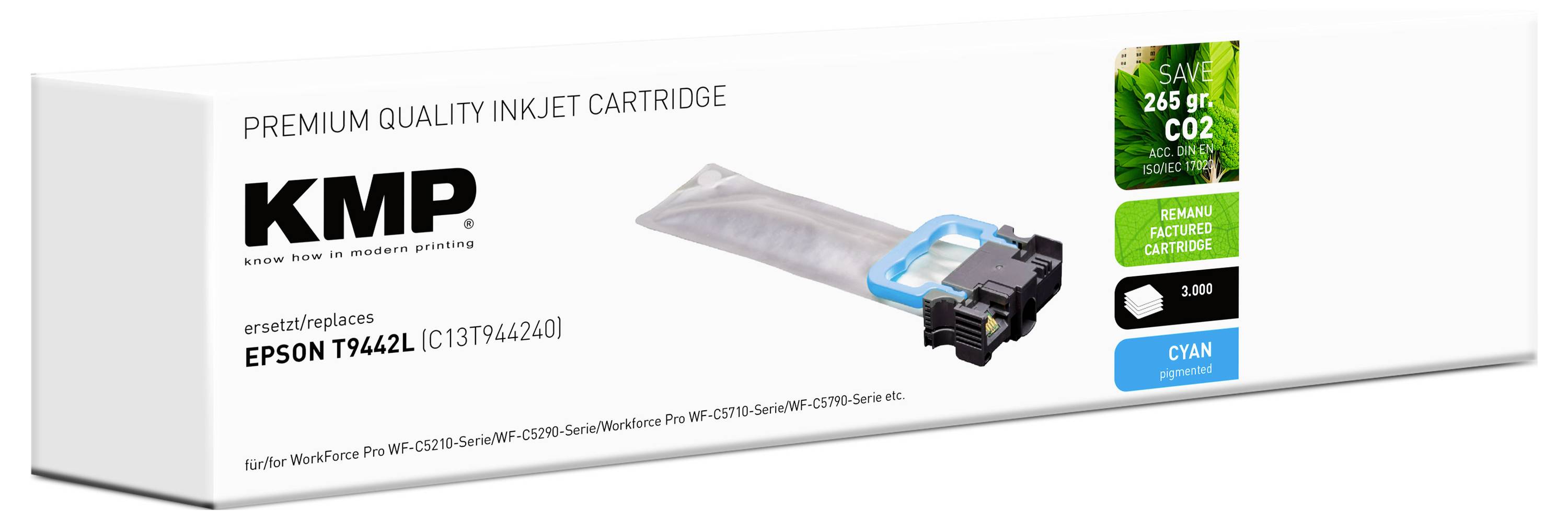 'Epson T9442 Cyan Ink Cartridge' box; features 'Save 2.65g CO2', fits WorkForce Pro models, 'Premium Quality' text.