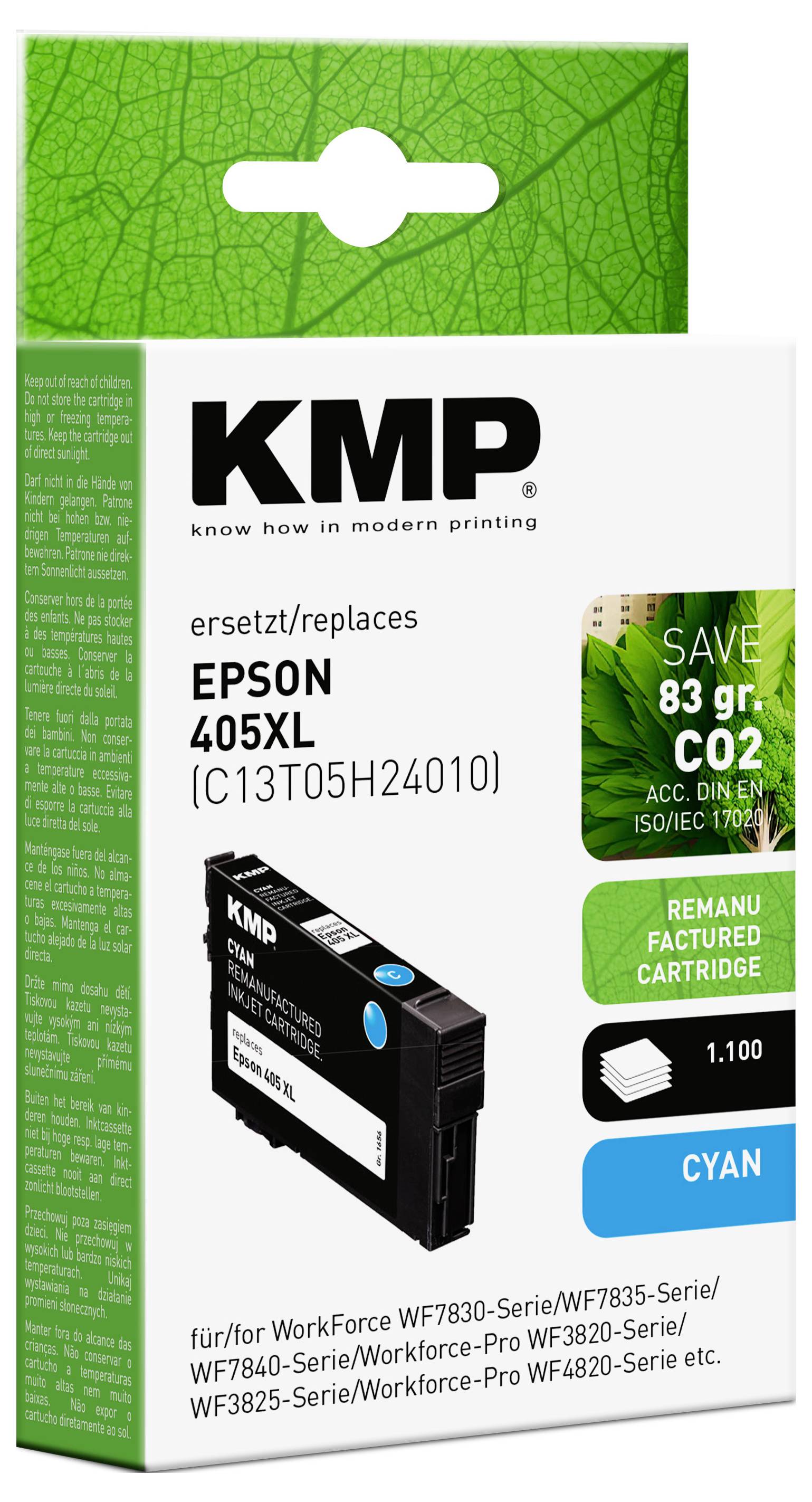 Box for a remanufactured KMP cyan ink cartridge, compatible with Epson 405XL series, claiming a CO2 savings of 83g and 1100-page yield.