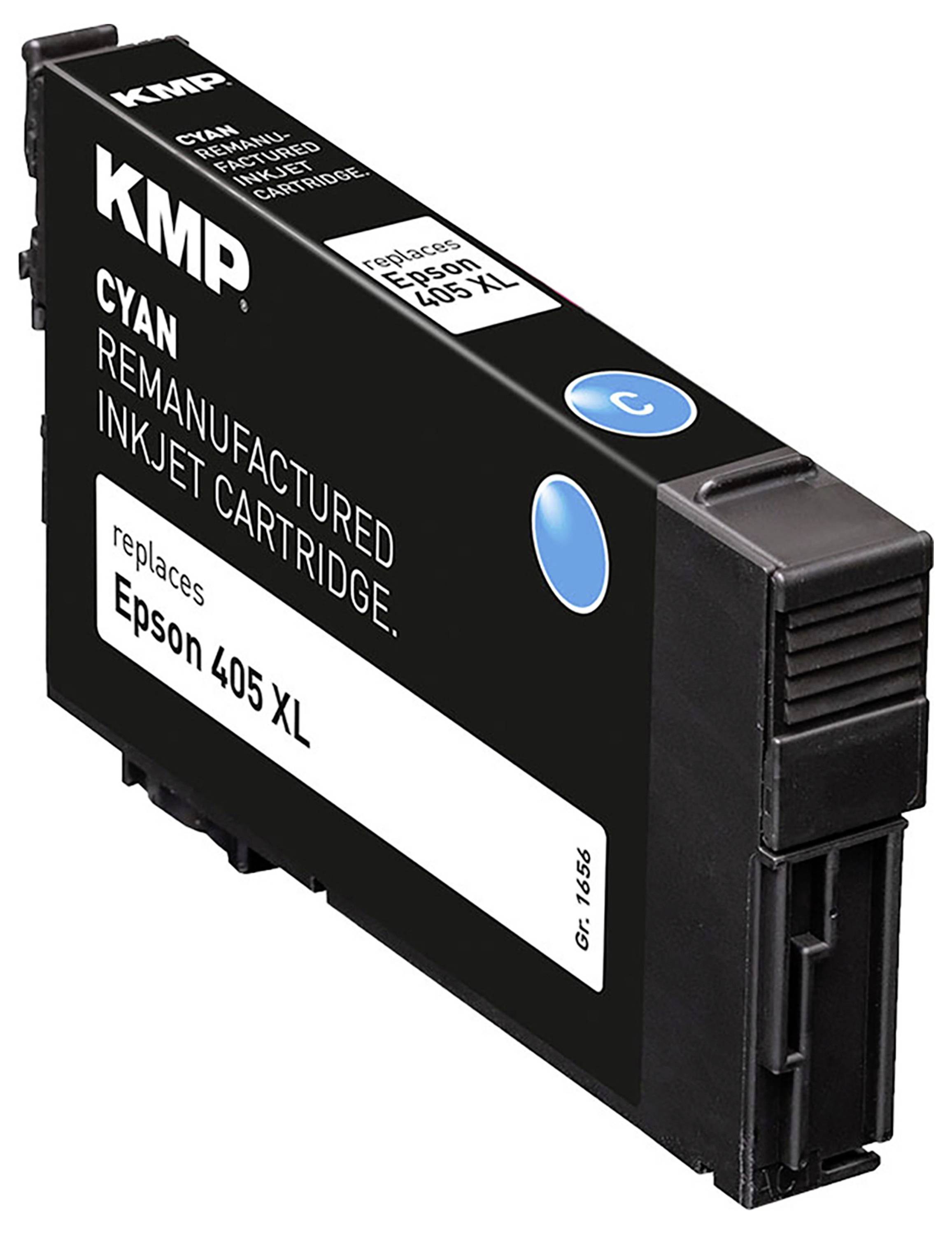 A black inkjet cartridge labeled 'KMP Remanufactured Inkjet Cartridge, Cyan, replaces Epson 405 XL'.