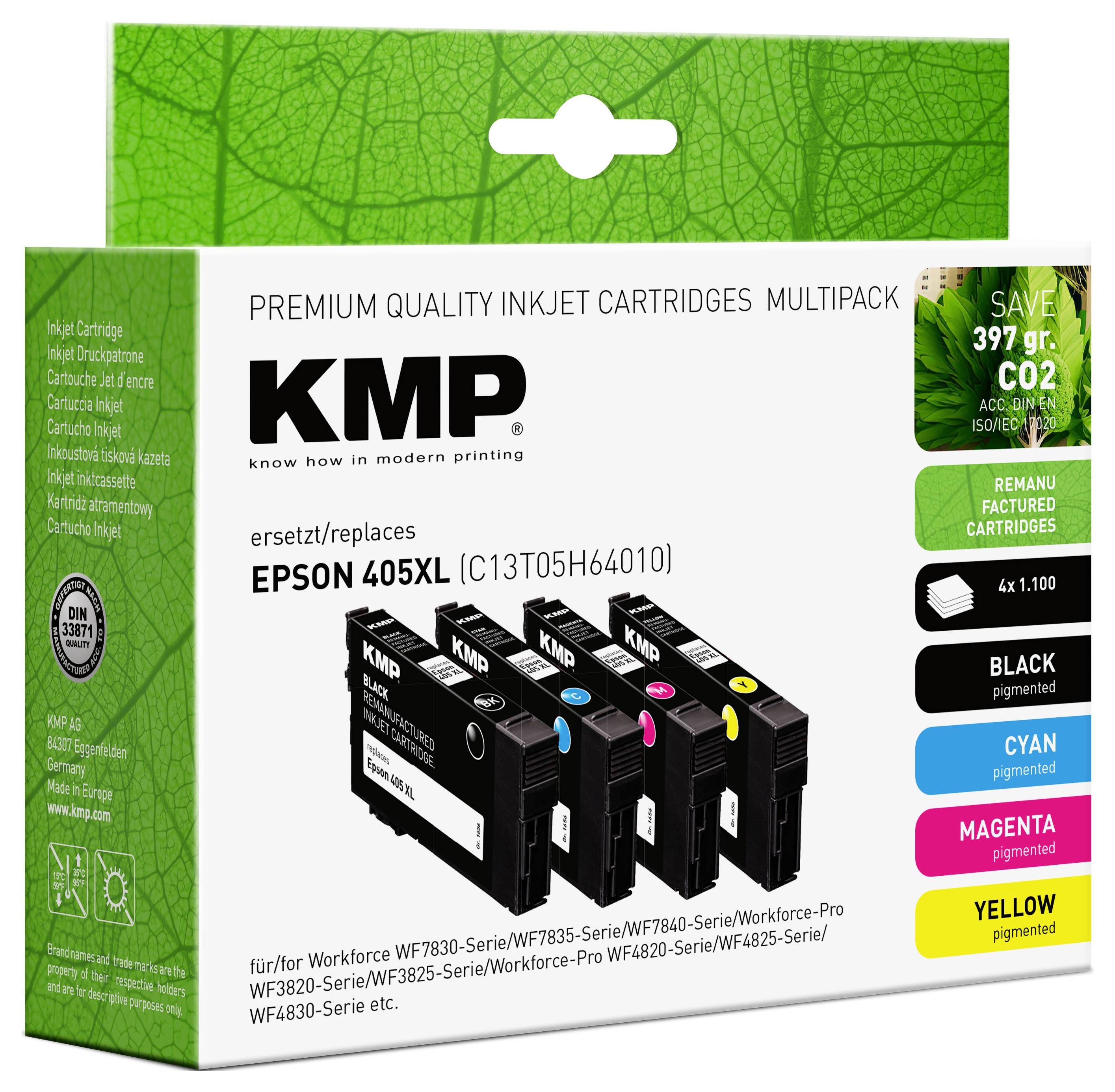 Epson-compatible ink cartridge multipack in black, cyan, magenta, and yellow. Green packaging promotes carbon savings and recycled materials.