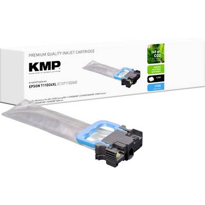 'KMP inkjet cartridge; replaces Epson T11D224XL; color: cyan; eco-friendly packaging highlighting reduced CO2 emissions.'