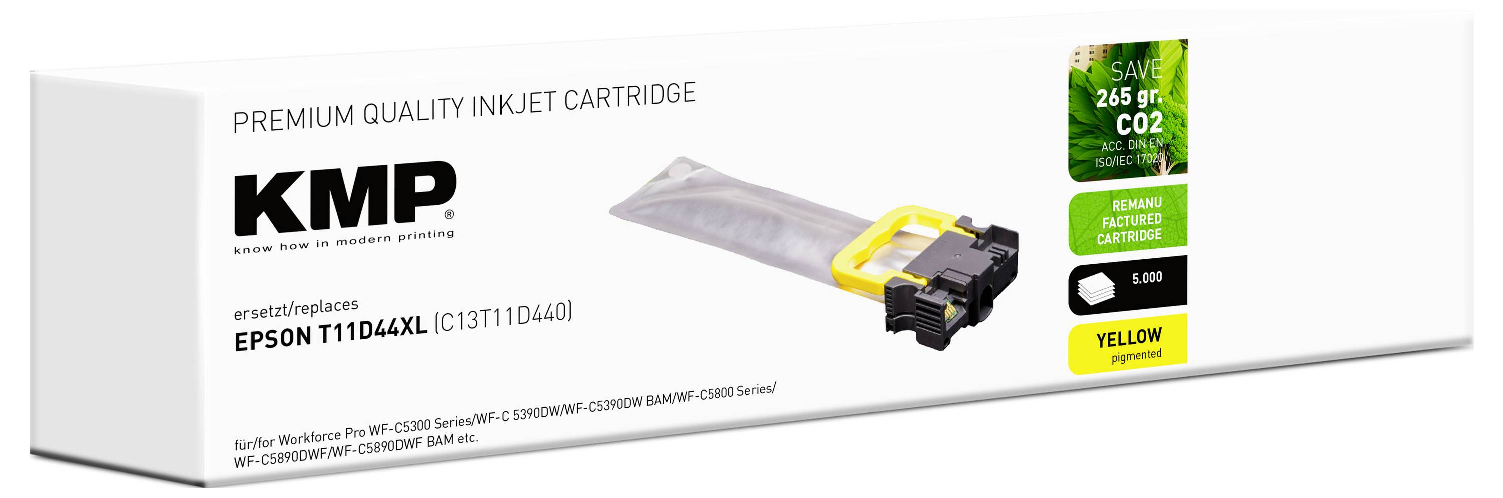 'Premium quality inkjet cartridge' packaging. 'KMP' brand, 'Epson T1104XL' compatible. Color: yellow. Promotes 2.6g CO2 savings.