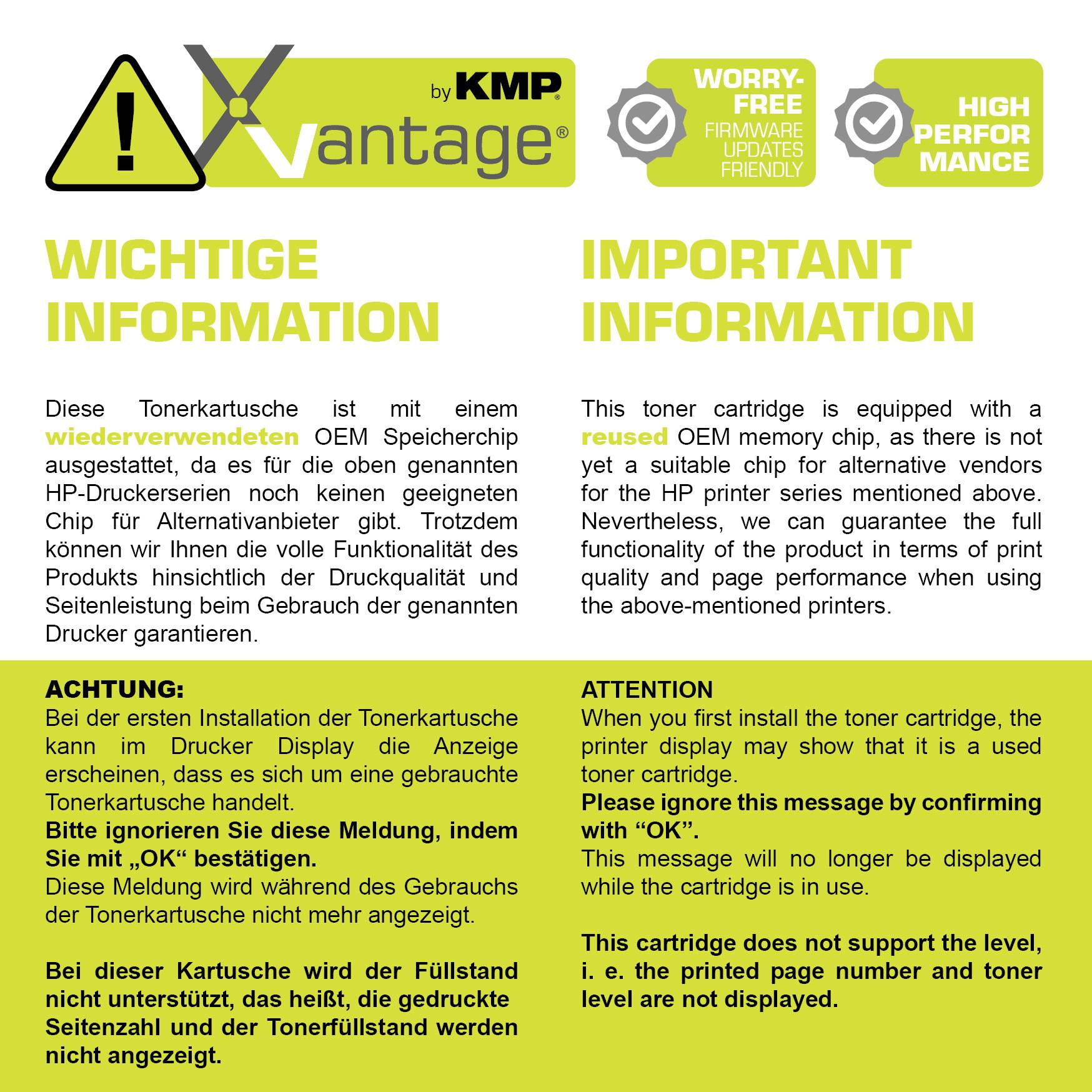 Important Information: Toner card displays messages for HP printer series. 'Warning': Installation and caution notices.
