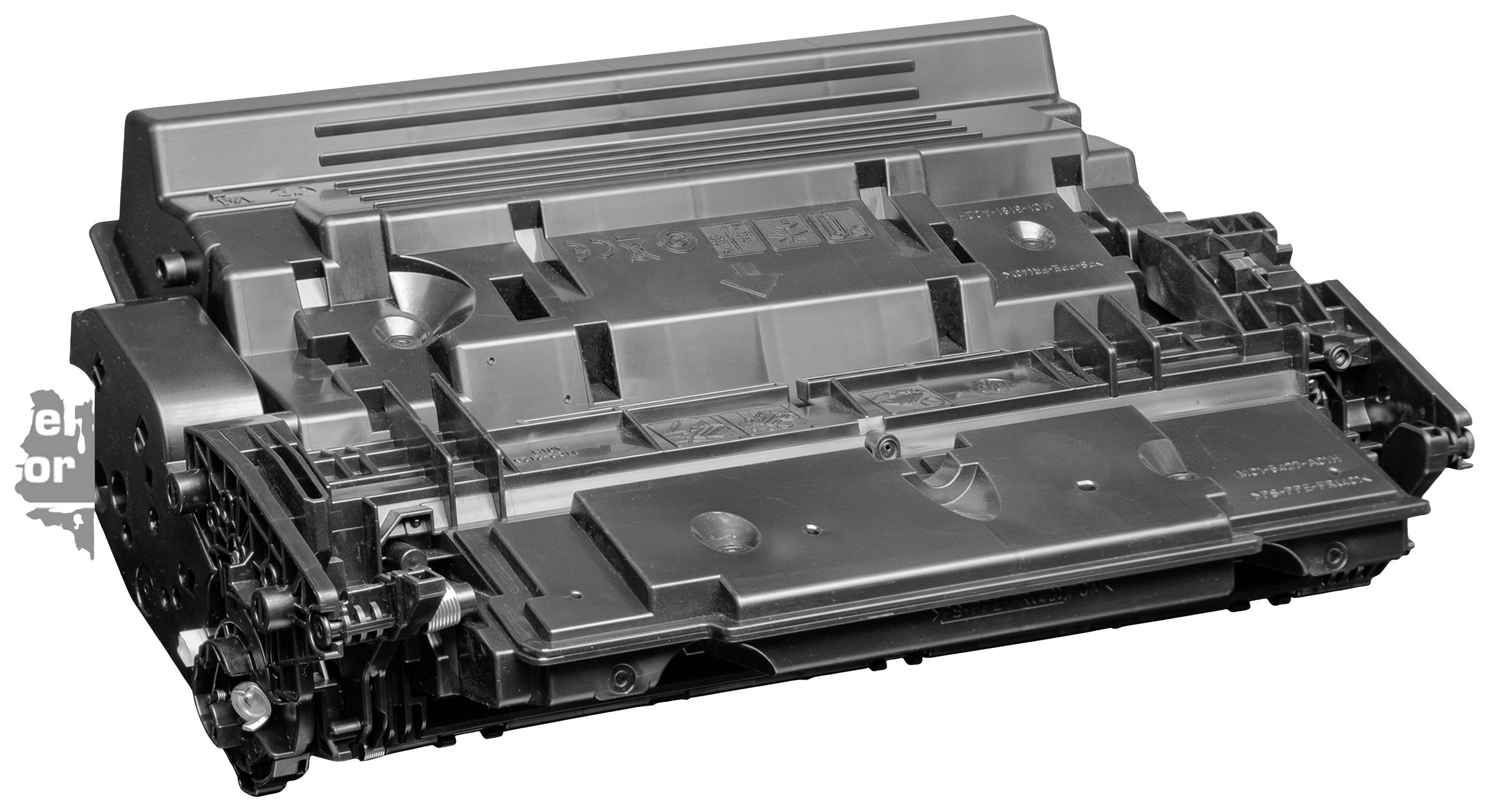 A printer toner cartridge, rectangular and flat, in grey colour. It is photographed from a front diagonal overhead angle.