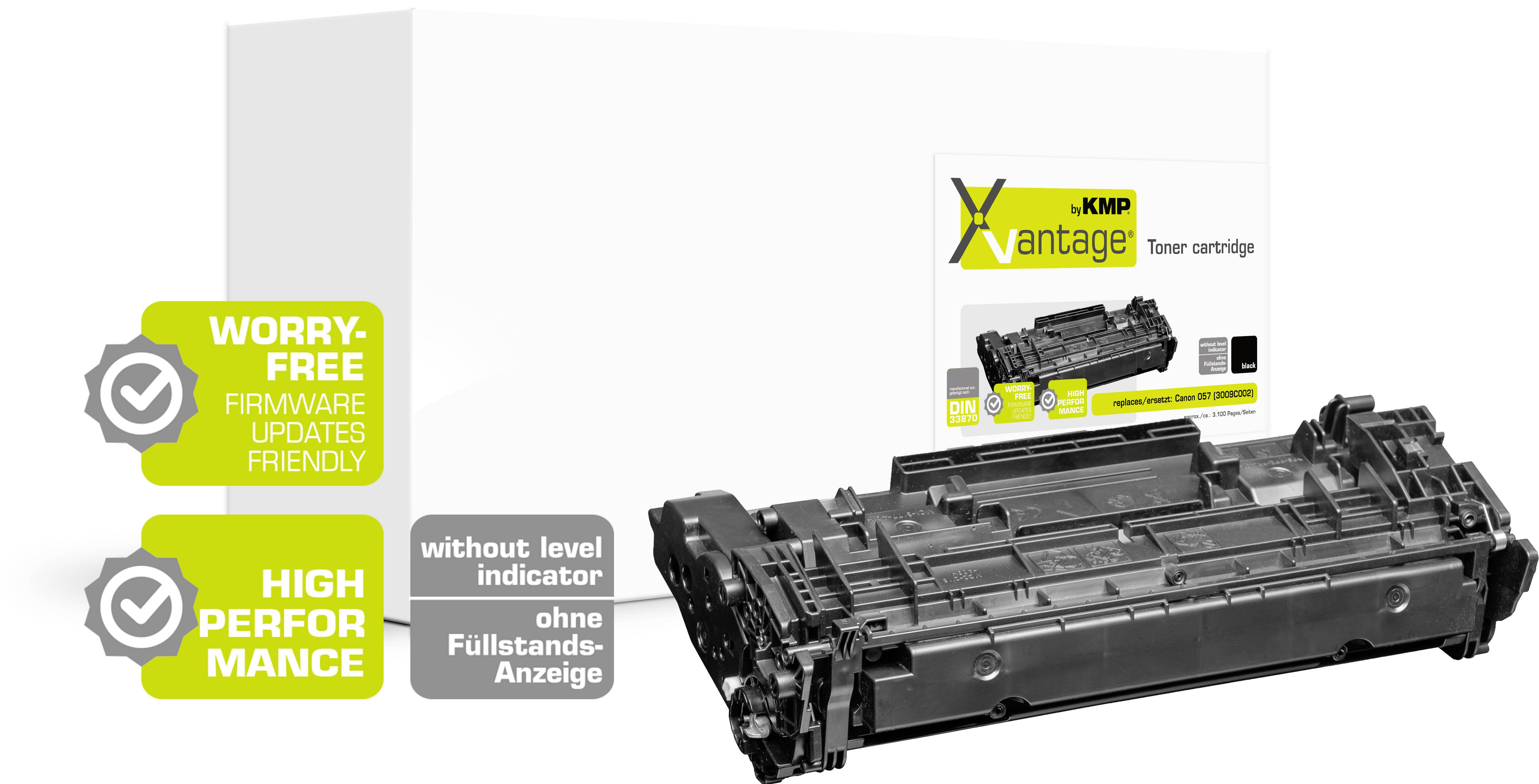 A toner cartridge next to its packaging. On the box it says 'Vantage', it is without a level indicator, with high performance.