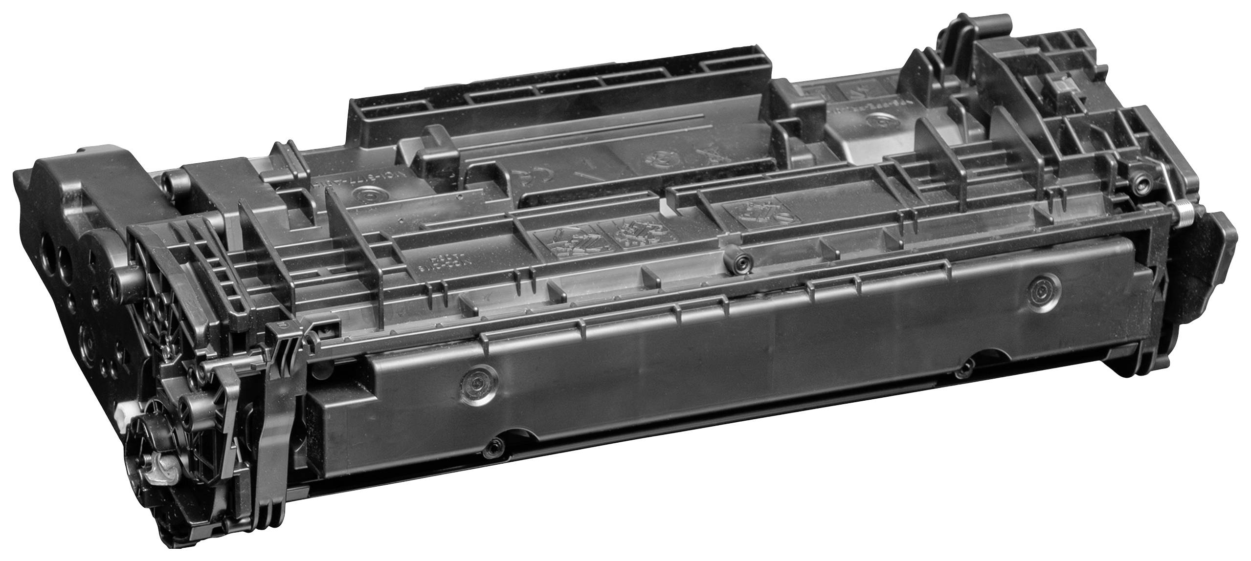 A black toner cartridge for a laser printer, rectangular in shape with visible mechanical components.