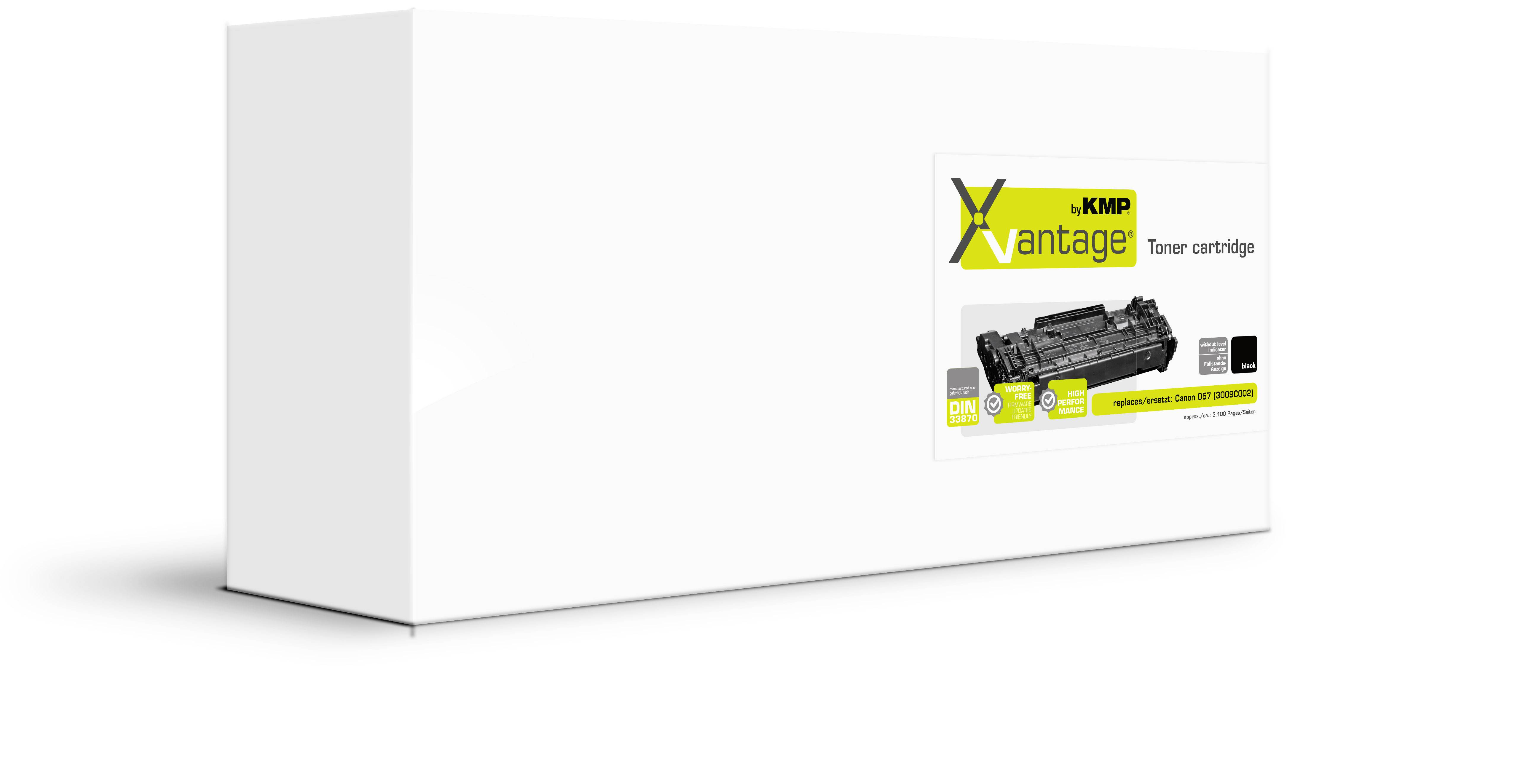 White cardboard packaging with the inscription 'KMP Vantage Toner Cartridge'. An image of a toner cartridge model is depicted on it.