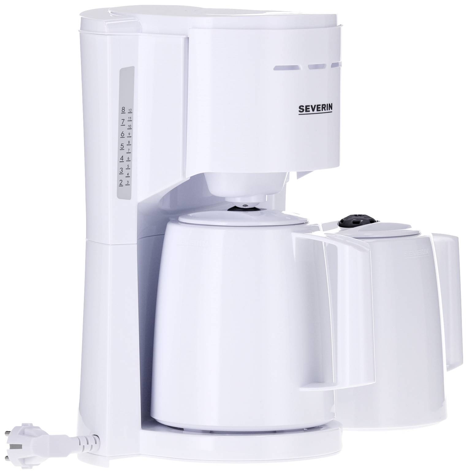 White coffee machine with thermal carafe and side water level indicator.