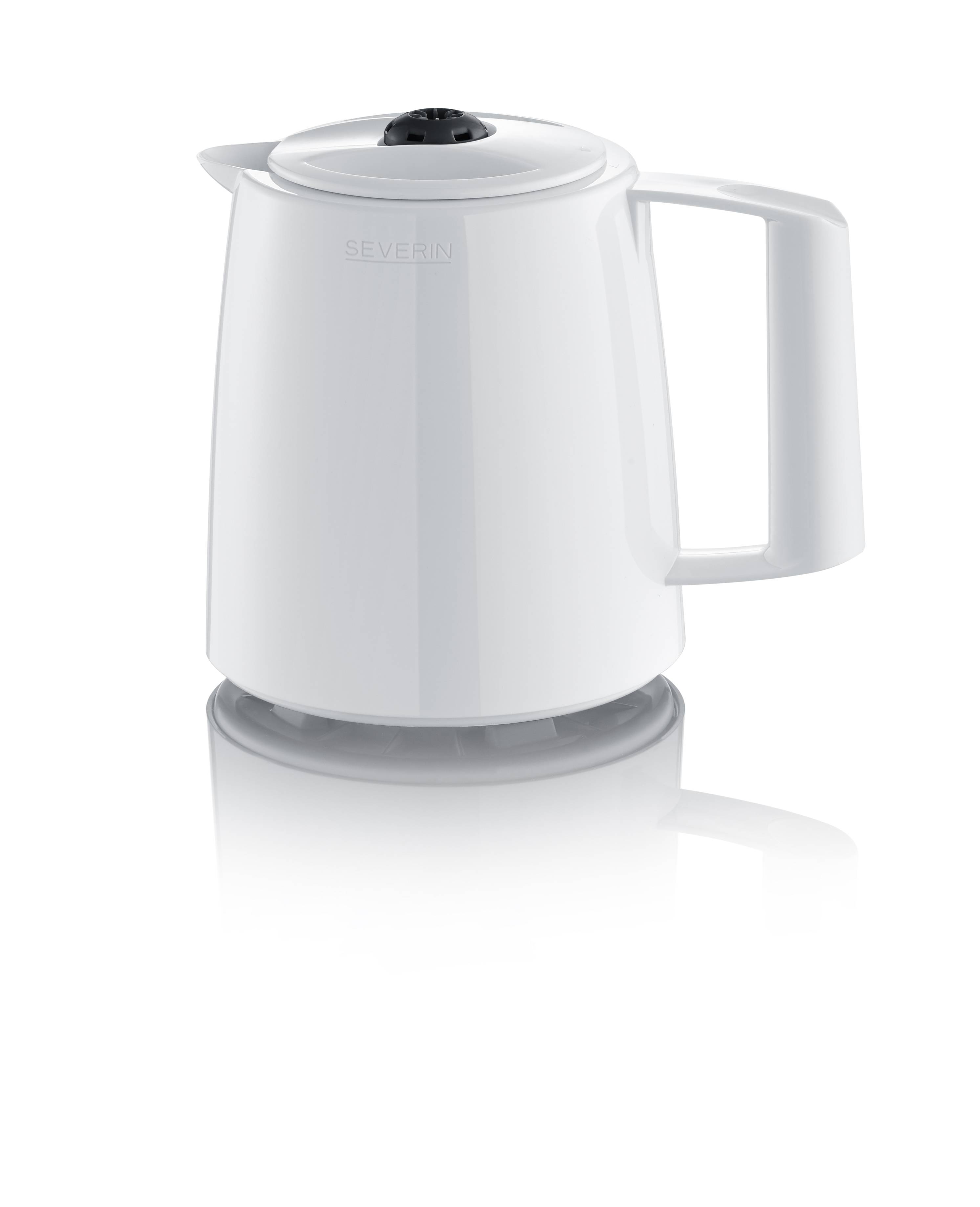 A white kettle on a white surface. It has a lid and a large handle, suitable for the kitchen.