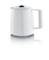 A white kettle on a white surface. It has a lid and a large handle, suitable for the kitchen.